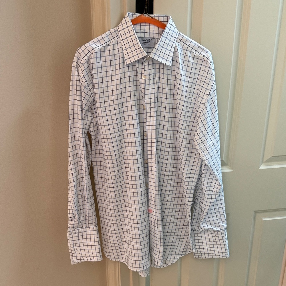 Charles Tyrwhitt size 16 1/2 34 French Cuff White and Blue Grid Dress Shirt